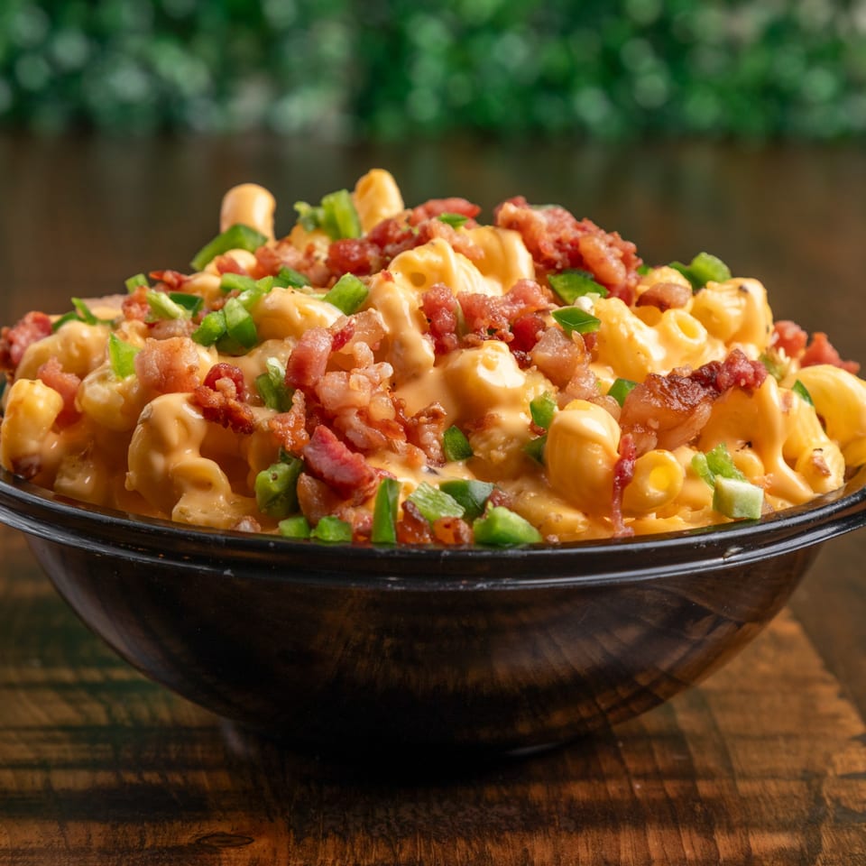 Mix & Mac Kitchen's mac and cheese with bacon and green peppers in a black bowl.