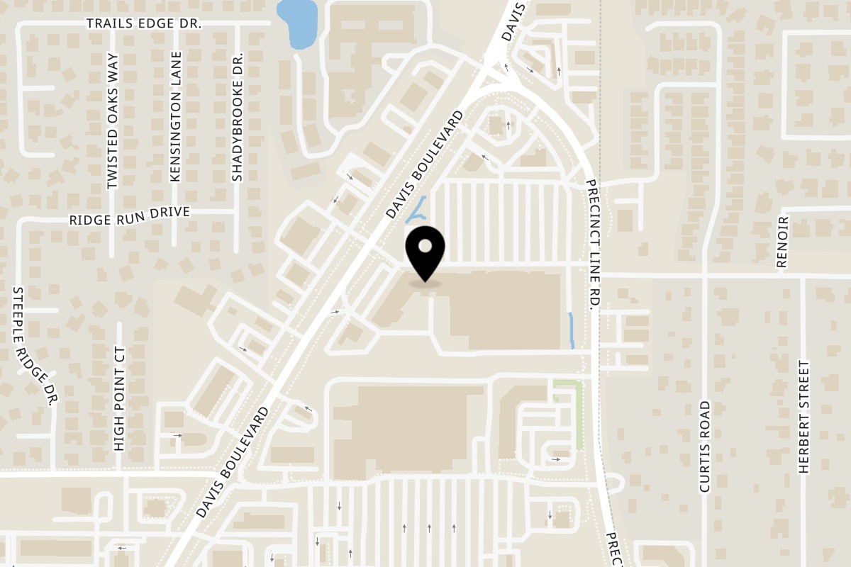 Map showing the location of Mix & Mac Kitchen on 8528 Davis Blvd #128 in North Richland Hills